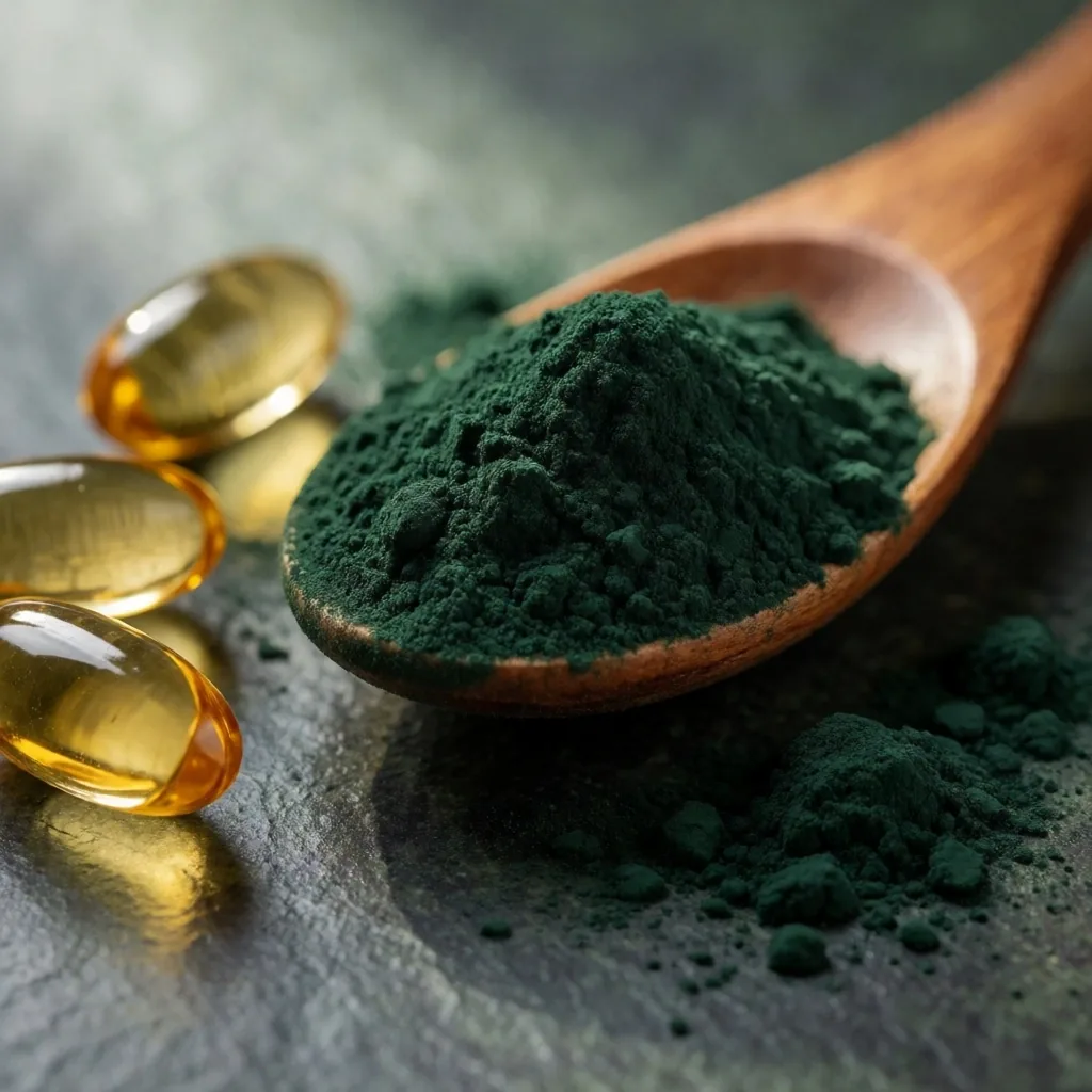 Natural supplement ingredients arranged on dark surface