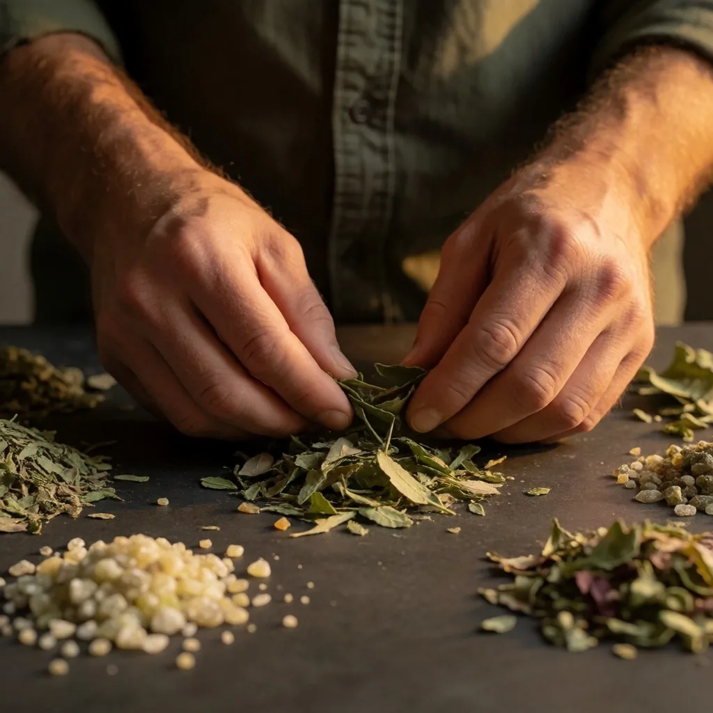 Natural botanical and mineral ingredients on dark surface