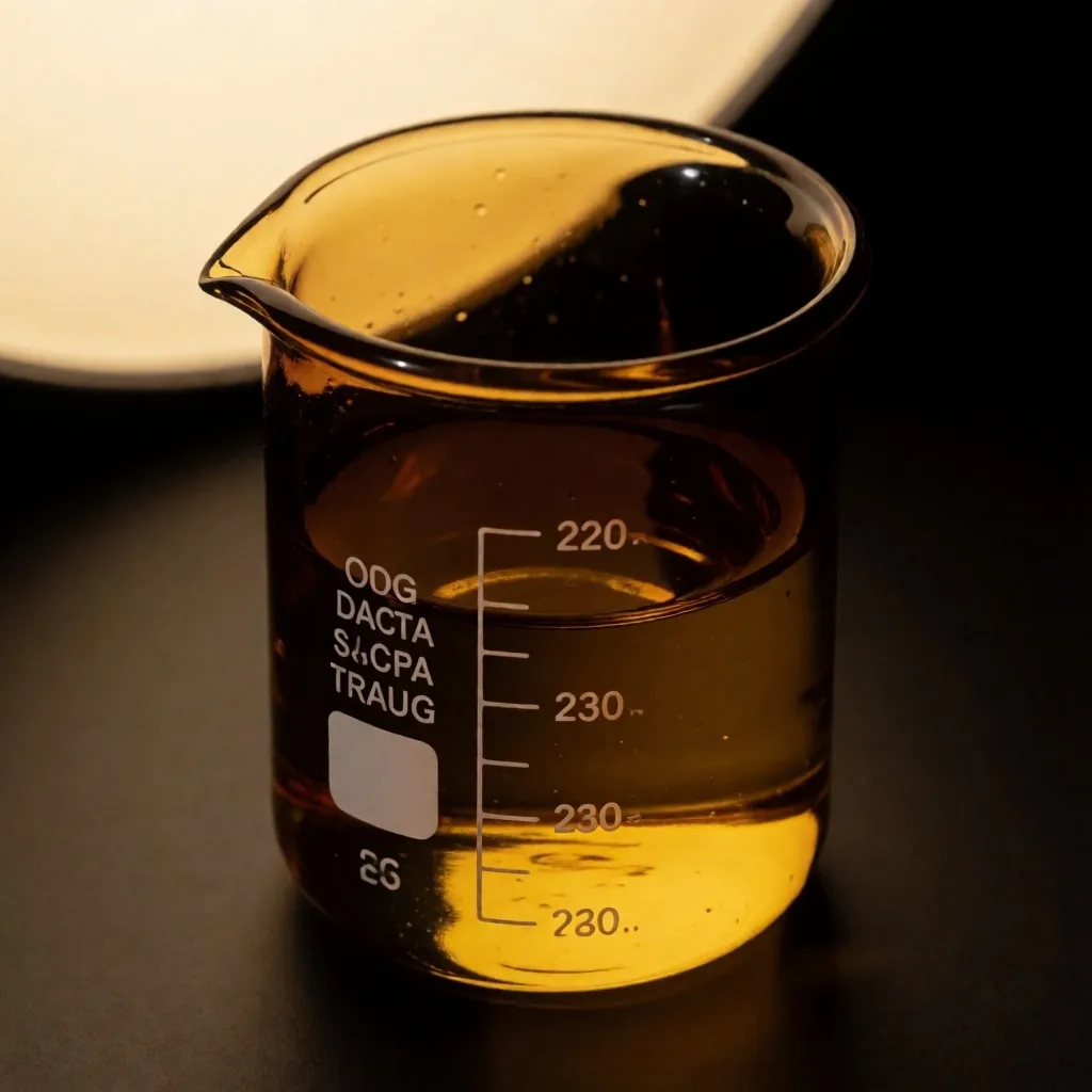 Glass beaker containing herbal tincture under clinical light