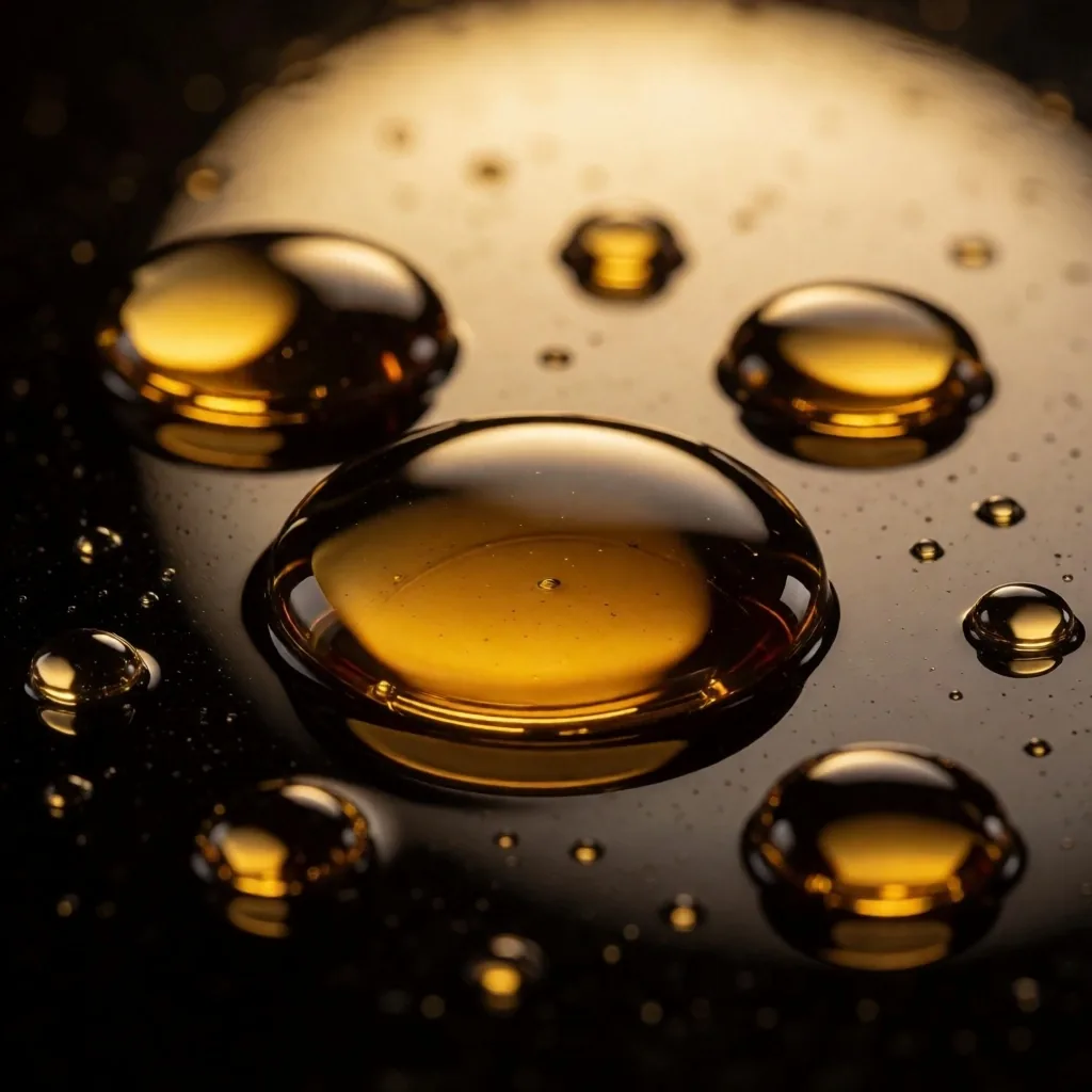 Macro view of botanical extract droplets under clinical light