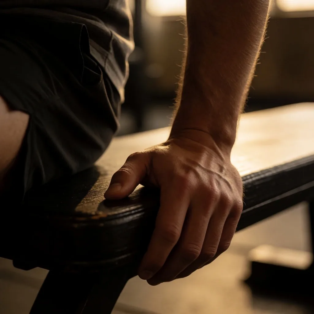 Hand resting on a bench after training