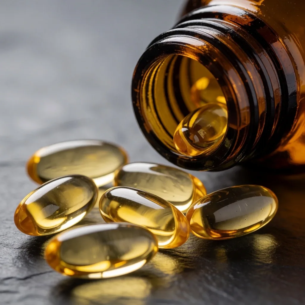 Fish oil capsules in amber bottle on dark surface