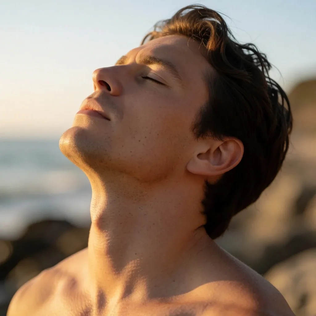 Man in sunlight on Bali beach at golden hour