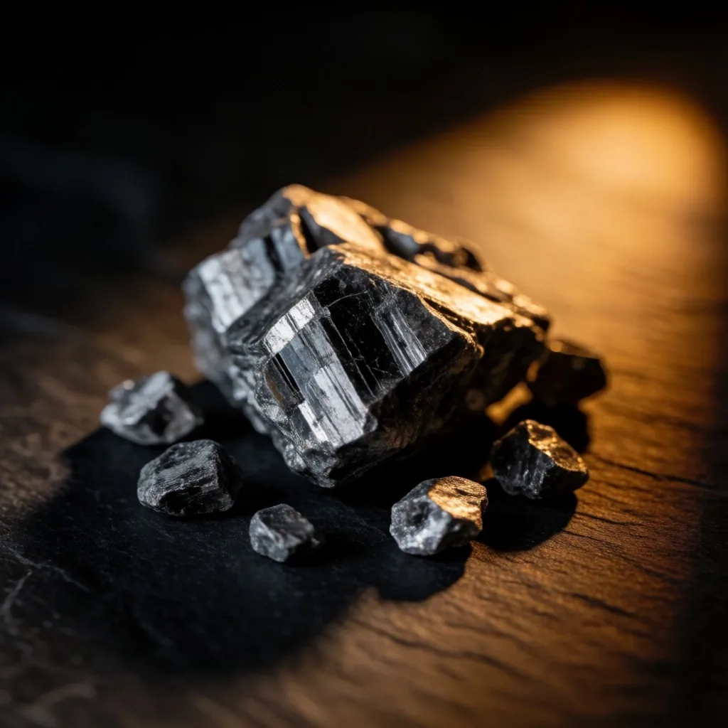 Raw mineral crystals under directional lighting on dark surface
