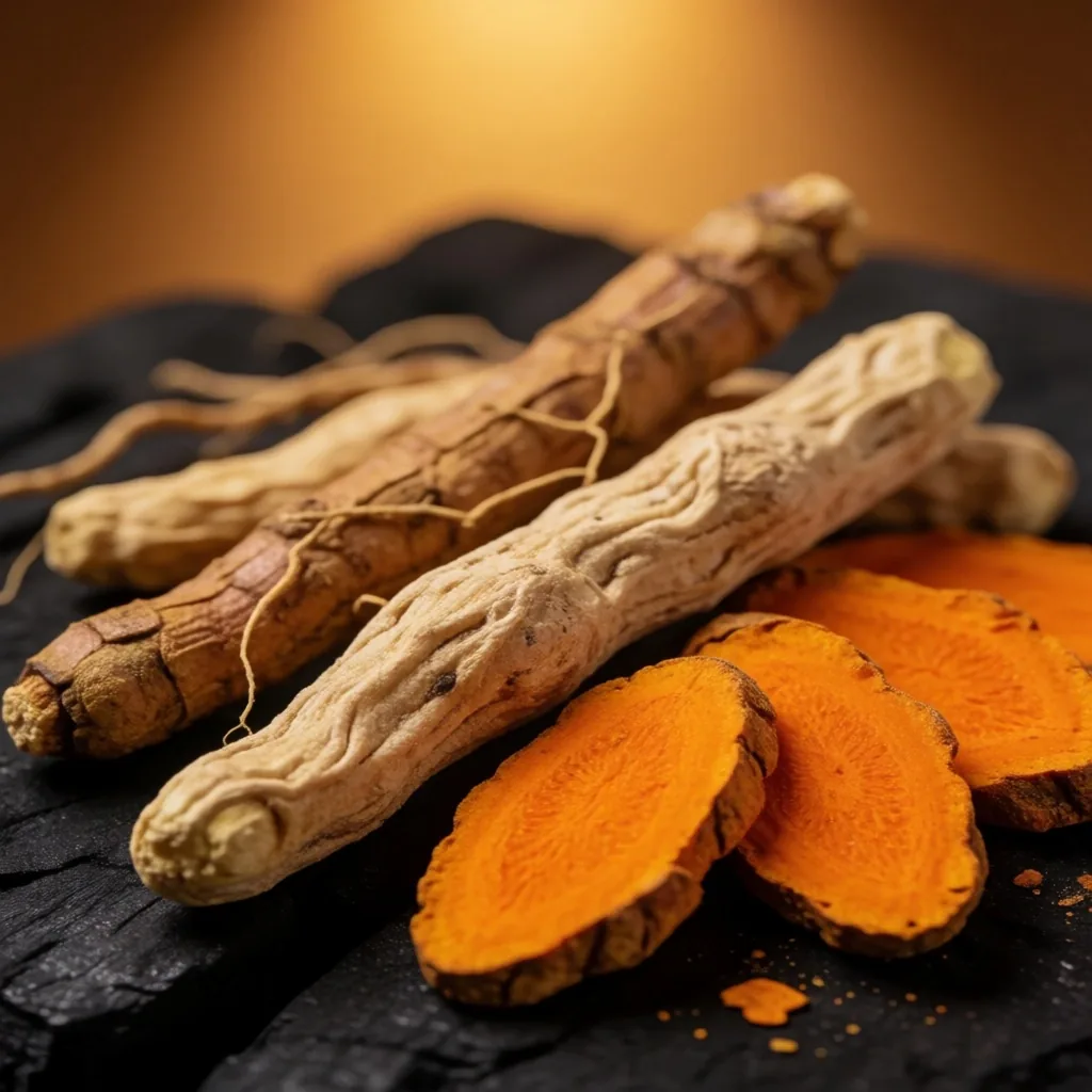 Dried herbal roots arranged on dark surface