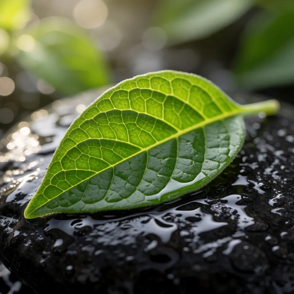 Fresh botanical leaf on dark stone