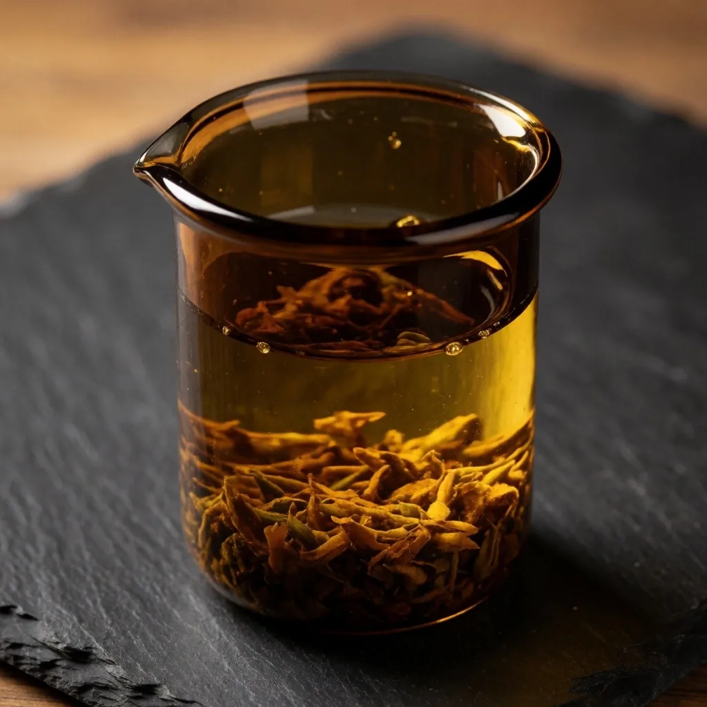 Herbal extract in dark glass beaker under warm light