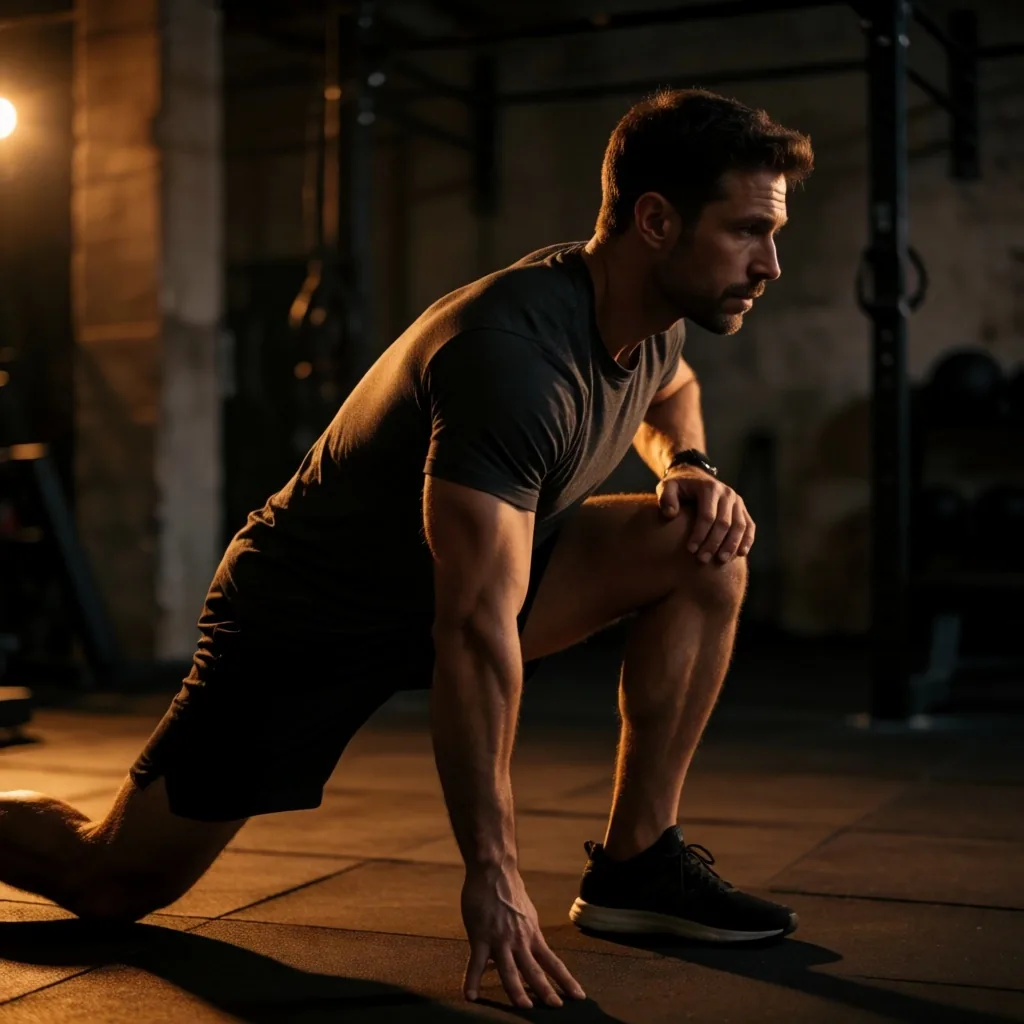 Man stretching in a dimly lit studio