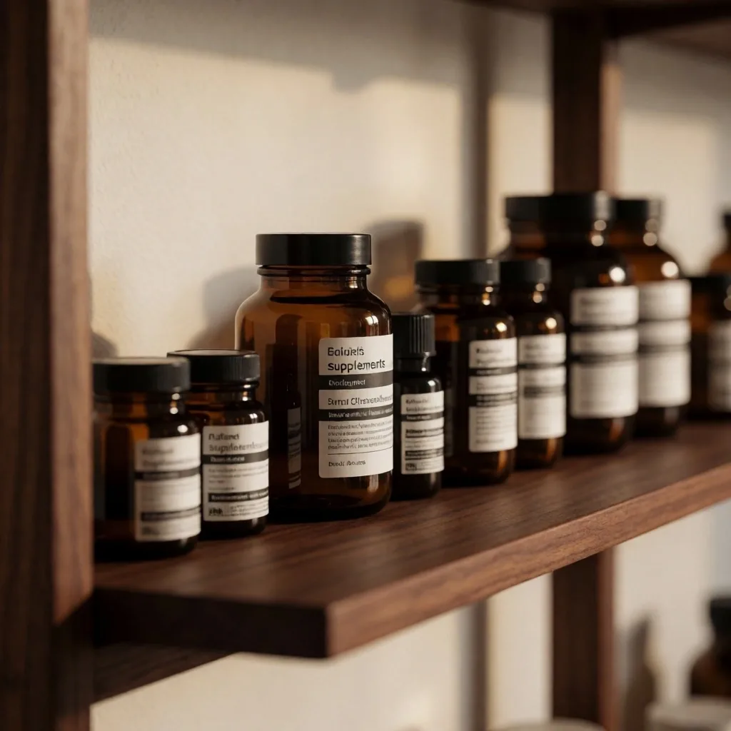 Organised shelf of amber supplement bottles