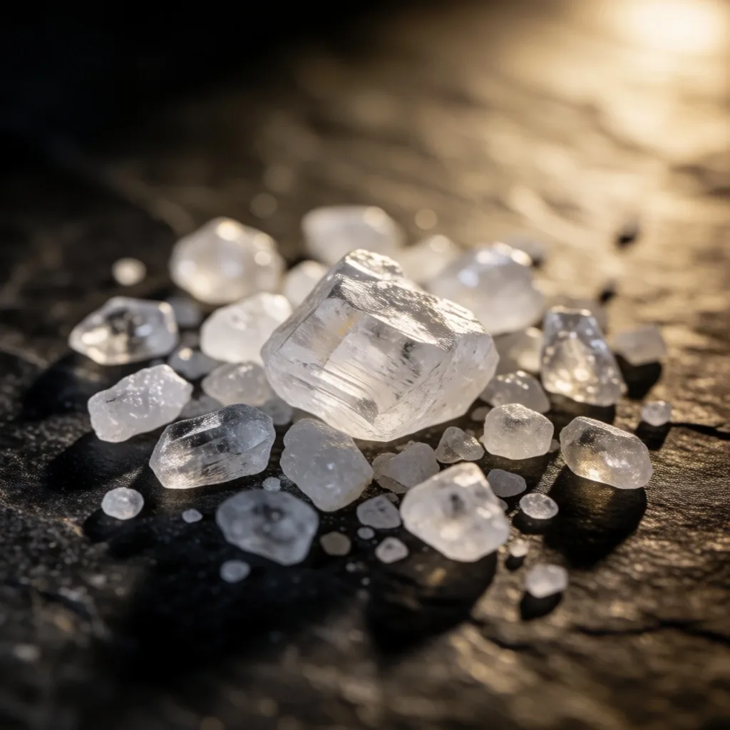 Raw mineral crystals under warm clinical light