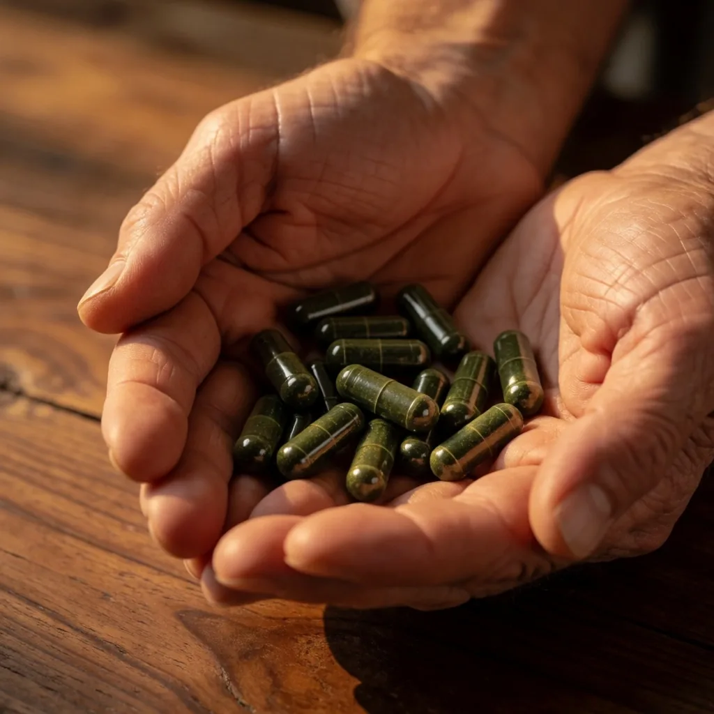 Hands holding herbal capsules
