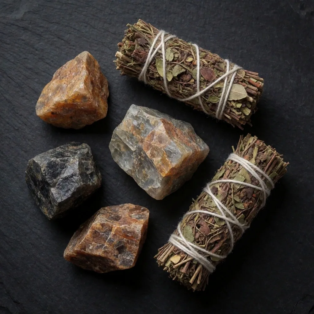 Raw mineral crystals and botanical roots on a dark surface
