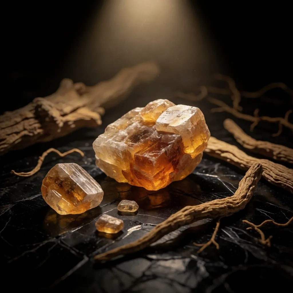 Mineral crystals and botanical roots under museum lighting